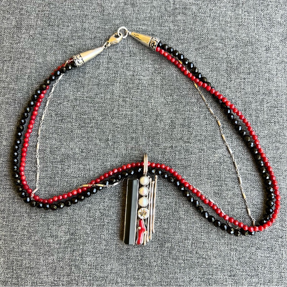 Mars And Valentine Red Coral and Black Beaded Necklace with Art Deco Pendant